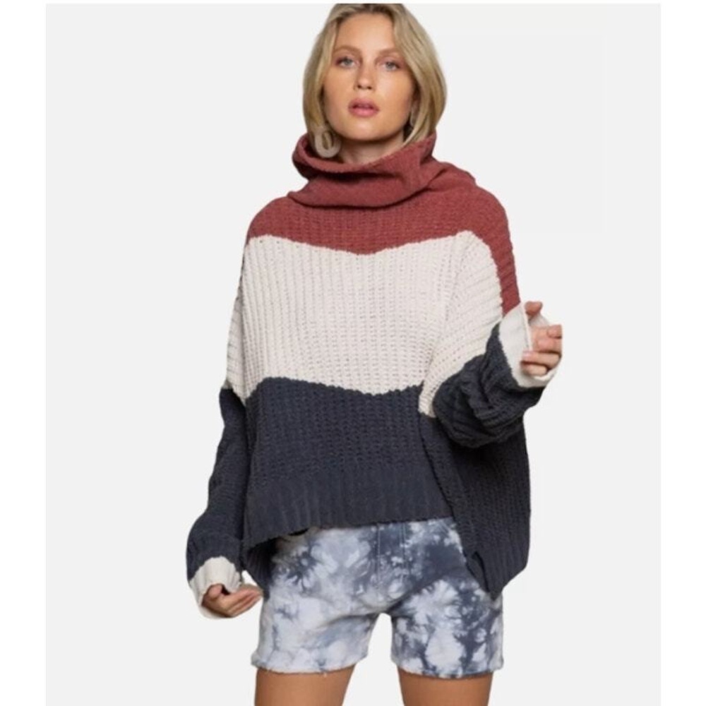 POL KNITTED CABLE KNIT PULLOVER TURTLENECK COLOR BLOCK STRIPE SWEATER SIZE L